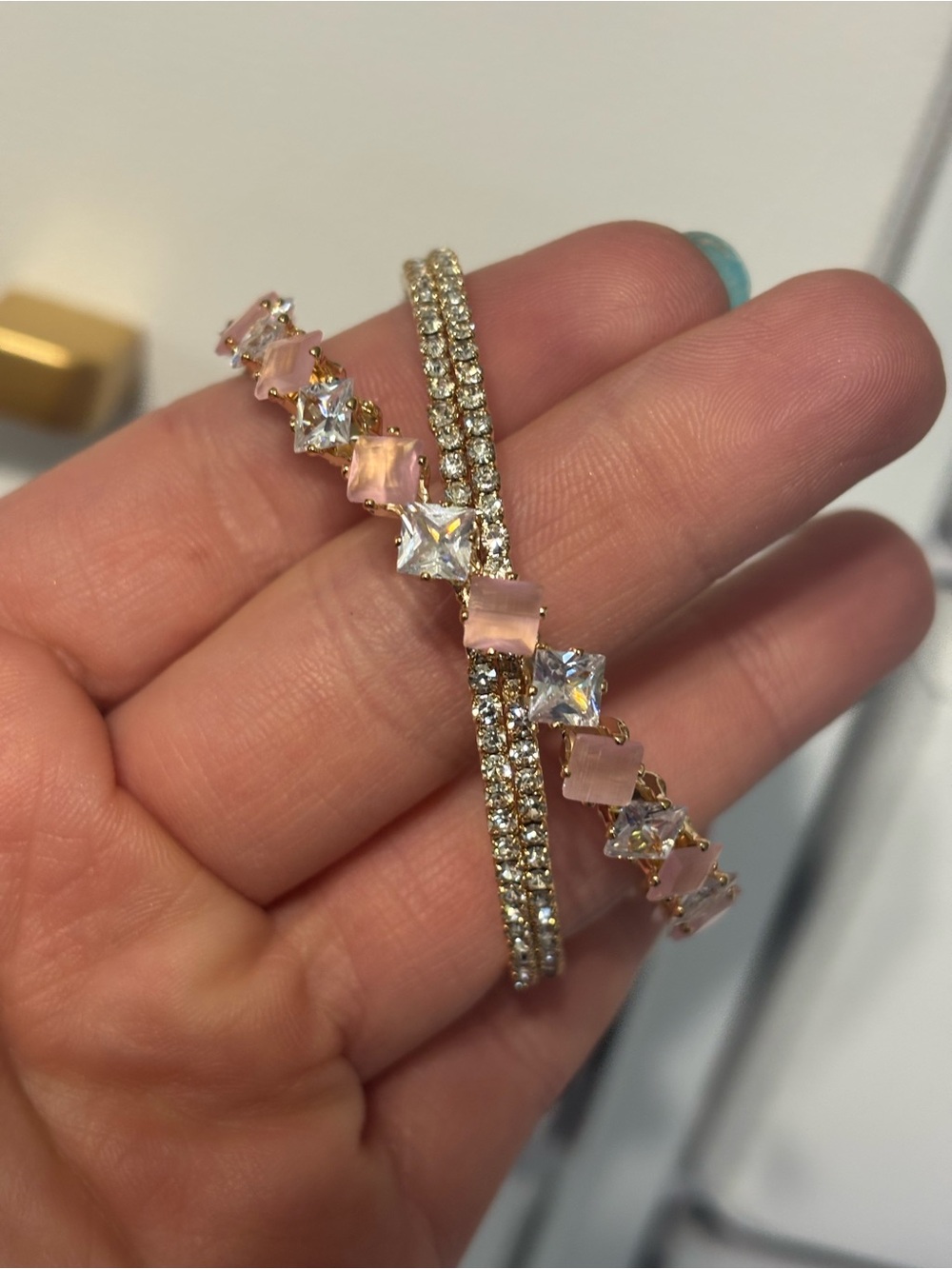 Gold-Tone Pink & Clear Crystal Tennis Bracelet